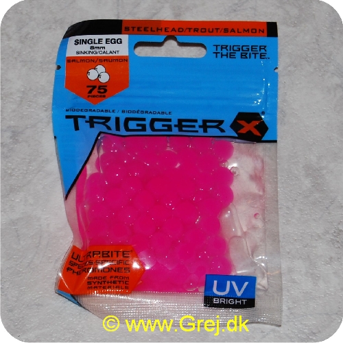 022677202235 - Trigger X Salmon Egg HPK - 75 stk æg m/diameter på 8 mm - æggene er bløde og synker langsomt - Biologisk nedbrydelig - UV farver - Leveres i pose med væske - Pink