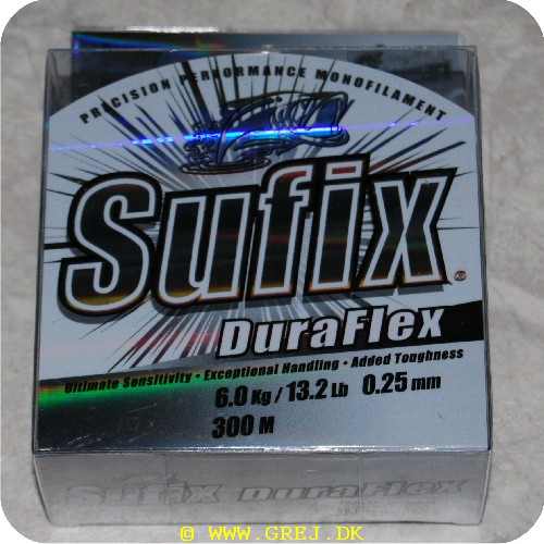 024777371125 - Sufix Duraflex line - 0.22mm - 300m - Brudstyrke: 5.6 kg - Farve: Klar - Ekstrem smidig og glat line - Giver problemfrie og lange kast 