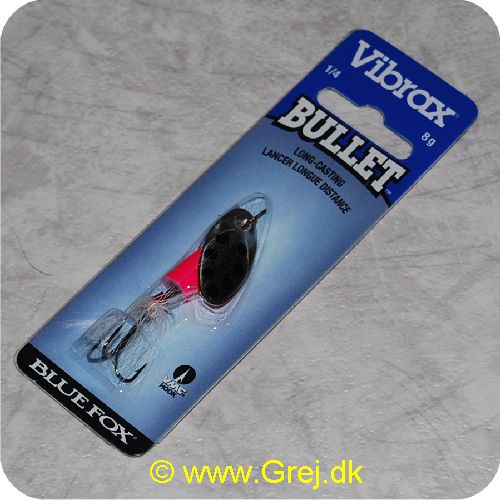 027752114274 - Vibrax Bullet Fly str. 2 - 8 gram - Sølvblad m/sorte pletter - Hvid hår - Orange messing klokke - VMC trekrog - Langkastende