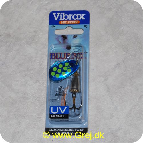 027752115646 - Vibrax str. 3 - 8g - Mid Depth - UV Bright - Blå blad med lysegrønne pletter - sølv krop