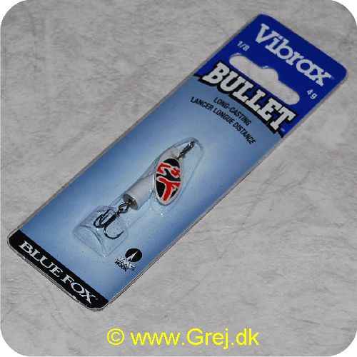 027752115929 - Vibrax Bullet str. 0 - 4g - Hvid med sort/røde aftegninger - Hvid messing klokke - VMC trekrog - Langkastende