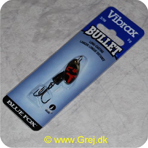 027752115950 - Vibrax Bullet str. 1 - 5g - Guld med sort/røde aftegninger - sort messing klokke - VMC trekrog - Langkastende