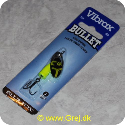 027752116032 - Vibrax Bullet str. 2 -8g - Sølv med sort/gule aftegninger - Gul messing klokke - VMC trekrog - Langkastende