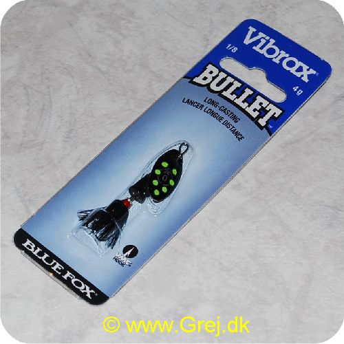 027752116148 - Vibrax Bullet Fly str. 0 - 4 gram - Sort blad m/grønne pletter - sort hår - Sort messing klokke - VMC trekrog - Langkastende