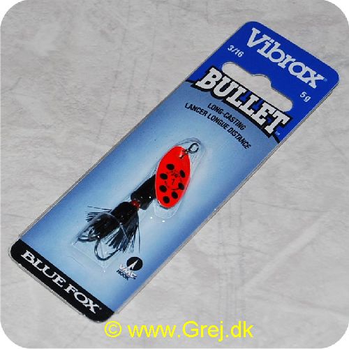 027752116155 - Vibrax Bullet Fly str. 1 - 5 gram - Rød blad m/sorte pletter - Sort hår - Sort messing klokke - VMC trekrog - Langkastende