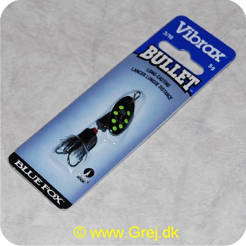 027752116162 - Vibrax Bullet Fly str. 1 - 5 gram - Sort blad m/grønne pletter - Sort hår - Sort messing klokke - VMC trekrog - Langkastende