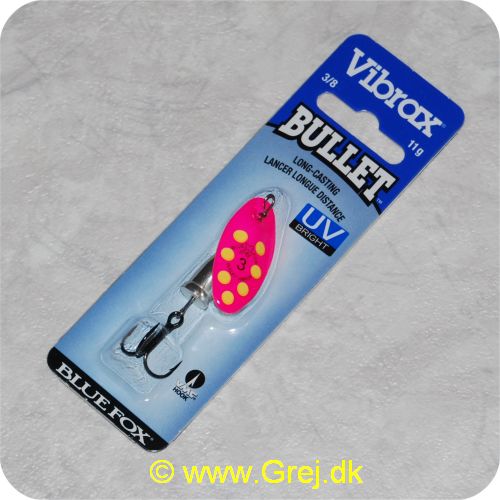 027752124105 - Bluefox Vibrax Bullet UV str. 3 - 11 gram - Pink m/ gule pletter - Sølvklokke - VMC krog - Langkastende