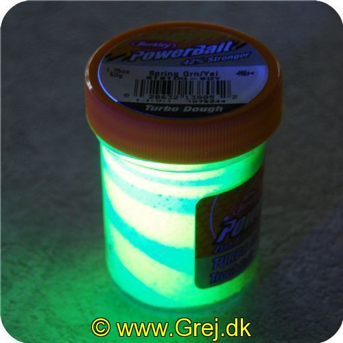 028632138052 - PowerBait med glimmer - SPRING GREEN / YELLOW - GLOW 42% stærkere
Billedet nr.2 er taget med UV-lygte.
