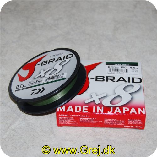 043178132784 - J-Braid X8 Dark Green fletline 0.13mm - Brudstyrke: 18lbs/8.1kgs 150 meter Mørk grøn  Made in Japan