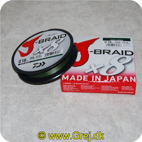 043178132807 - J-Braid X8 Dark Green fletline 0.18 mm - Brudstyrke: 26lbs/12kgs 150 meter Mørk grøn  Made in Japan