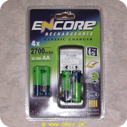 3760114160164 - 4 genopladelige batterier af typen AA med lader - 1.2 volt. (Svarer til 1.5 volt almindelige batterier)<BR>Ni-MH batterier<BR>2700 mAH