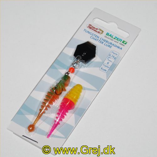 4005652844442 - Trout Collector, gummi chatter lure - Vægt:1.9g. - Farve:Titan - 001 6097 075<br>This bait has it all: We combine the advantages collectors of Cheburashka and Chatter lure. The metal plate provides a high water resistance when retrieving. Since the plate is mounted so that it can move, it swings from left to right with high frequency and really shakes the lure along with the Trout Collector. At the same time, the soft lure has maximum freedom of movement as the hook can move freely. The lure with the golden plate is used in murky water, the one with the titanium-coloured plate in clear water.
Comes with 2 Trout Collectors! The tungsten beads are available in 4 different weights.