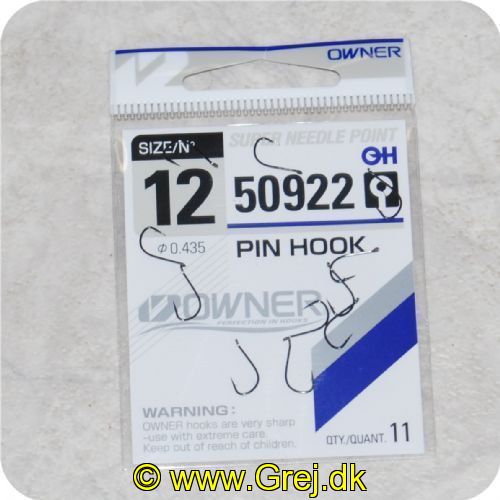 4953873059100 - Owner 50922  Pin Hook med øje - enkeltkroge - 11 stk - meget skarpe - Str. 12
Medekrog