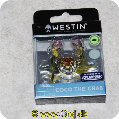 5707549332511 - Westin Coco The Crab - 20mm - 6 gram. 
Ver forsigtig ved montage af krebsen. Den er så naturtro at man regner med at kløerne vil bevæge sig. Den ligner en naturlig krebs på punkt og prikke. Det skyldes at en rigtig krabbe blev sat op på en 3D-scanner og efterfølgende er den blevet farve optimeret. 
Coco the Crab tilbyder man best på bunden og i midten af vandet. Løfter den med små bevægelser kort op så den får de ægte svømme bevægelser som en ægte krebs. 
Kroppen er vægtbelastet så den altid vender rigtigt rundt.
Coco er perfekt til fersk og saltvand.
Vi selv har prøvet agnen med stor glæde.
Kroge 2stk Owner® ST-36BC #14
Massiv krop af ABS 
Tungsten i maven (blyfri) perfekt afbalanceret så den altid lander på maven
Kløerne er af skum
(Life-Like-Lure) 
Naturtro - håndmalet
halvbløde ben
