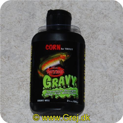 834734016248 - Nitro Gravy Duftstof (Corn) til jigs. lures eller soft plastik m. m. - Til Ørreder - Trout Corn - 2oz./59ml
Put det på dit endegrej og det vil tiltrække fiskene.