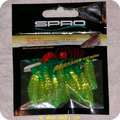8716851112350 - Spira-Tail jigs - Yellow/Chartreuse - 5.5 cm - 10 stk pr. pakning<BR>
Big trout just cant resist!<BR>
Small twisterlike tails with a small scoop at the end generating massive tail action! Simply fish them on a hook or on a jighead; Trout go wild!!!<BR>
Perch and Zander love them too!