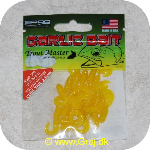 8716851249674 - Garlic Bait jighaler 2.5 cm - Curl Tail - 20 stk - gul glitter