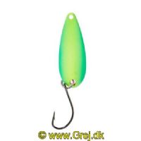 4005652821573 - Pro Staff Series Swindler Spoon - 30mm. - Vægt:2.3g. - Farve:Grøn/Gul, UV - 001 6067 205<br>With a tumbling run for more passive trouts. Can be guided extremely slow. Top in the cold season.