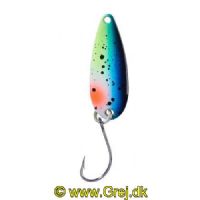 4005652832630 - Pro Staff Series Swindler Spoon - 30mm. - Vægt:2.3g. - Farve:Blå/gul/orange/sort dots, UV - 001 6067 220<br>With a tumbling run for more passive trouts. Can be guided extremely slow. Top in the cold season.