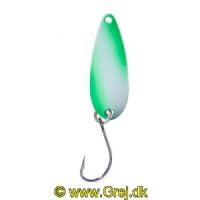 4005652832678 - Pro Staff Series Swindler Spoon - 30mm. - Vægt:2.3g. - Farve:Grøn/hvid, UV - 001 6067 222<br>With a tumbling run for more passive trouts. Can be guided extremely slow. Top in the cold season.