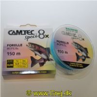 4005652859576 - Camtec Speci 8x fletline - Rullekapacitet:150M. - 0,08mm - Brudstyrke:6kg. - Farve:Blå - Variant:Trout - 001 2075 008<br>Speci 8x: our new line with 8-fold braiding and a sensational price/performance ratio!
Our Speci line is now also available as an 8-fold high-performance line which is in terms of colors and diameter precisely tailored to the respective target fish or fishing method. 
The lines are made of 100% PE fibers! 

Features: 8-fold braiding, Round braiding, 100% PE fibre, High load-bearing capacities, Soft surface, High abrasion resistance, Extremely little stretching, UV protected.
