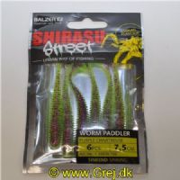 4005652861524 - Shirasu Street Worm Paddler - 75mm. - Vægt:2g. - Farve:Purple/Chartreuse - Baittype:Synkende - Smag/duft:Blæksprutte - 