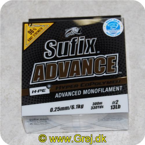 024777708273 - Sufix - Advance Monofilement HPE - 0.25 mm/6.1 kg 300meter
Sufix Advance Clear blev årets vinder inden for monofil liner på EFFTEX 2017.
Firmaet bag Sufix-linen har udviklet en proces (magnetisk ekstruderings-proces). der trækker HMPE molekylerne mod overfladen af linen. hvilket skaber en holdbar. slidstærk overflade uden at ofre linens smidighed og fremragende egenskaber. 
Hyper Copolymer brugt i Advance giver linen dets smidige egenskaber. Smidighed i kombination med G2 Precision Winding skaber en så godt som "hukommelsesfri" line. der manøvrer perfekt og er ideel til præcise kast.
Sufix Advance holder meget længere under solrige betingelser. og i teorien er linen mindre synlig end almindelig nylon. Det lave stræk. som linen har. forbedrer præstationer. line-kontrol og krogningsevne.
En line med extra mange gode egenskaber. som er:
Slidstærk
Smidig
Lav hukommelse
Lav friktion
Lavt stræk
Følsom    
Langt kastende
Glat
