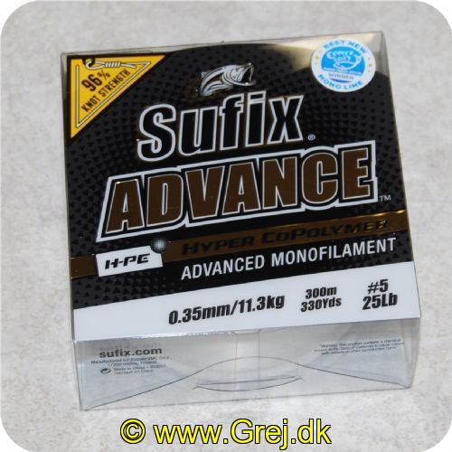 024777708310 - Sufix - Advance Monofilement HPE - 0.35 mm/11.3 kg 300meter
Sufix Advance Clear blev årets vinder inden for monofil liner på EFFTEX 2017.
Firmaet bag Sufix-linen har udviklet en proces (magnetisk ekstruderings-proces). der trækker HMPE molekylerne mod overfladen af linen. hvilket skaber en holdbar. slidstærk overflade uden at ofre linens smidighed og fremragende egenskaber. 
Hyper Copolymer brugt i Advance giver linen dets smidige egenskaber. Smidighed i kombination med G2 Precision Winding skaber en så godt som "hukommelsesfri" line. der manøvrer perfekt og er ideel til præcise kast.
Sufix Advance holder meget længere under solrige betingelser. og i teorien er linen mindre synlig end almindelig nylon. Det lave stræk. som linen har. forbedrer præstationer. line-kontrol og krogningsevne.
En line med extra mange gode egenskaber. som er:
Slidstærk
Smidig
Lav hukommelse
Lav friktion
Lavt stræk
Følsom    
Langt kastende
Glat
