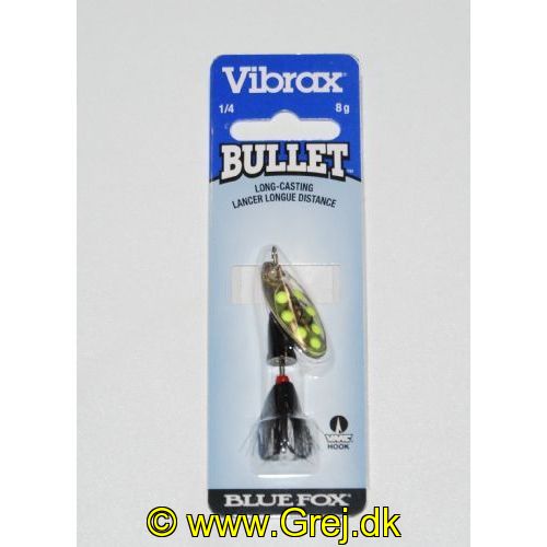 027752114267 - Vibrax Bullet Fly str. 2 - 8g - Sølv blad m/gule pletter - Sort klokke - Sorte hår - VMC trekrog - Langkastende