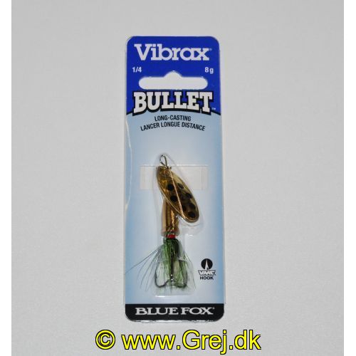 027752124372 - Vibrax Bullet Fly str. 2 - 8g - Gylden blad m/sorte pletter - Gylden klokke - Sorte/grønne hår - VMC trekrog - Langkastende