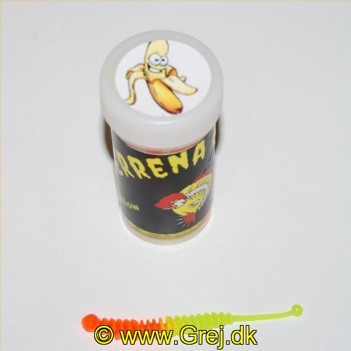 12600002GO - Serrena Baits - Model: Milow - 10 stk. - Duft: Banan - Farve: Orange/Chartreuse<BR>
<BR>
Denne model er en lang Lamelkrop med en kugle på halen.<BR>
<BR>
En af de helt nye gummiagn som er nogle af de stærkeste på det tyske marked med mange forskellige duftstoffer fra forskellige frugt samt hvidløg.