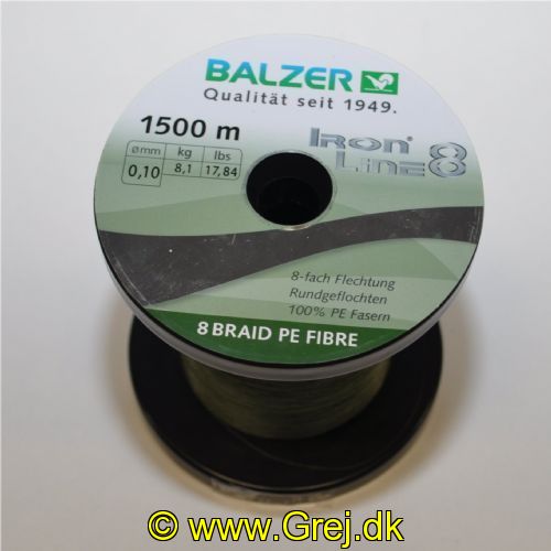 4005652100838M - Iron Line 8 fletline - Pr. meter - Brudstyrke:8.1kg. - Farve:Grøn - 001 2662 010<br>Ironline® 8: our high performance line with 8-fold braiding and a sensational price/performance ratio! Balzer’s Ironline 8 boasts an eightfold braided high-performance line with an excellent load-bearing capacity. The line is impressive thanks to a soft, yet abrasion-resistant surface that enables the line to slide silently through the guides and which facilitates enormous casting distances. Thanks to the fact that it hardly stretches at all, you have direct contact to both bait and fish. In the Ironline 8 series you can find the right line for all types of fishing; what’s more at fantastic prices! 

Features: 8-fold braiding, Round braiding, 100% PE fibre, High loadbearing capacities, Very soft surface, High abrasion resistance, Extremely little stretching, UV protected. 

Iron Line green: Thanks to the dark-green colouring the cord is
ideal wherever inconspicuous colours are needed to avoid a shooing
effect.