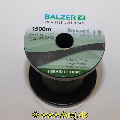 4005652100890M - Iron Line 8 fletline - 0,24mm - Brudstyrke:19.5kg. - Farve:Grøn - Vælg antal meter (Min. 100 meter) - 001 2662 024<br>Ironline® 8: our high performance line with 8-fold braiding and a sensational price/performance ratio! Balzer’s Ironline 8 boasts an eightfold braided high-performance line with an excellent load-bearing capacity. The line is impressive thanks to a soft, yet abrasion-resistant surface that enables the line to slide silently through the guides and which facilitates enormous casting distances. Thanks to the fact that it hardly stretches at all, you have direct contact to both bait and fish. In the Ironline 8 series you can find the right line for all types of fishing; what’s more at fantastic prices! 

Features: 8-fold braiding, Round braiding, 100% PE fibre, High loadbearing capacities, Very soft surface, High abrasion resistance, Extremely little stretching, UV protected. 

Iron Line green: Thanks to the dark-green colouring the cord is
ideal wherever inconspicuous colours are needed to avoid a shooing
effect.