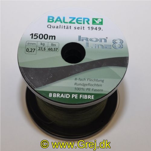 4005652100906M - Iron Line 8 fletline - Pr. meter - Brudstyrke:27.5kg. - Farve:Grøn - 001 2662 027<br>Ironline® 8: our high performance line with 8-fold braiding and a sensational price/performance ratio! Balzer’s Ironline 8 boasts an eightfold braided high-performance line with an excellent load-bearing capacity. The line is impressive thanks to a soft, yet abrasion-resistant surface that enables the line to slide silently through the guides and which facilitates enormous casting distances. Thanks to the fact that it hardly stretches at all, you have direct contact to both bait and fish. In the Ironline 8 series you can find the right line for all types of fishing; what’s more at fantastic prices! 

Features: 8-fold braiding, Round braiding, 100% PE fibre, High loadbearing capacities, Very soft surface, High abrasion resistance, Extremely little stretching, UV protected. 

Iron Line green: Thanks to the dark-green colouring the cord is
ideal wherever inconspicuous colours are needed to avoid a shooing
effect.