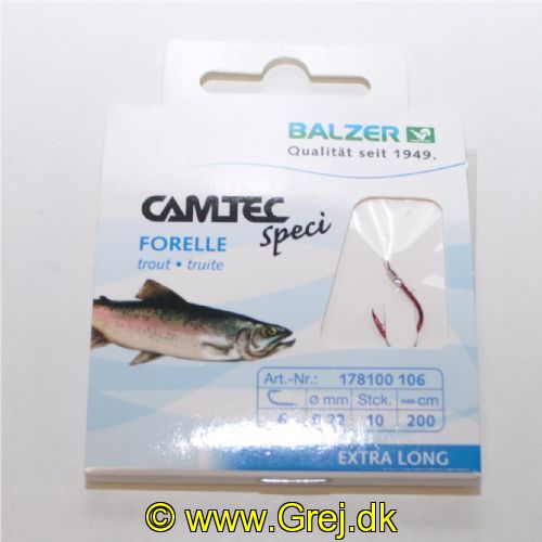 4005652107448 - Camtec Speci bombarda forfang - Længde:200cm. - Farve:Rød - 001 7810 106<br>Camtec Speci Trout/Sbiro red, leader length 200cm #6, 1 barb.