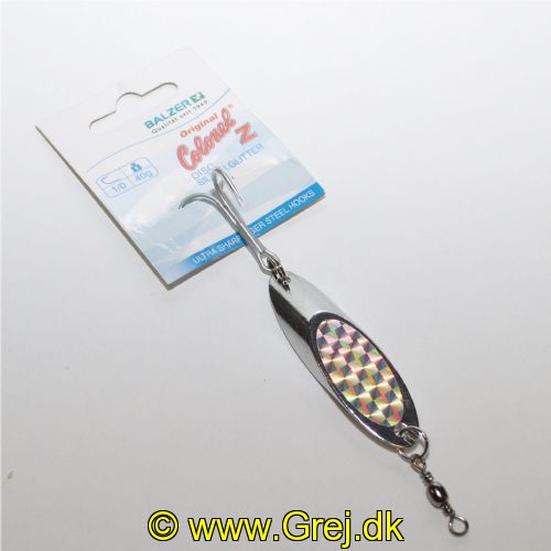 4005652281834 - Colonel Z Disc Spoon - Vægt:40g. - Farve:Sølv Glitter - 001 3188 040<br>Extra heavy, tumbling spoon with chrome­plated surface and tiger steel treble hooks.