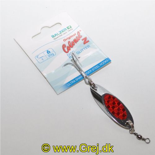 4005652281865 - Colonel Z Disc Spoon - Vægt:20g. - Farve:Rød Glitter - 001 3189 020<br>Extra heavy, tumbling spoon with chrome­plated surface and tiger steel treble hooks.