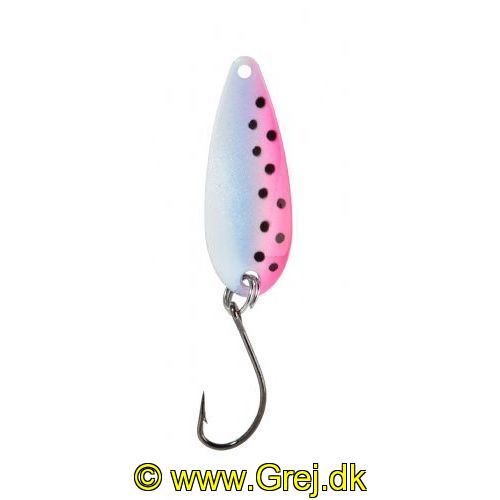 4005652821634 - Pro Staff Series Swindler Spoon - 30mm. - Vægt:2.3g. - Farve:Hvid/pink/sort dots, UV - 001 6067 211<br>With a tumbling run for more passive trouts. Can be guided extremely slow. Top in the cold season.