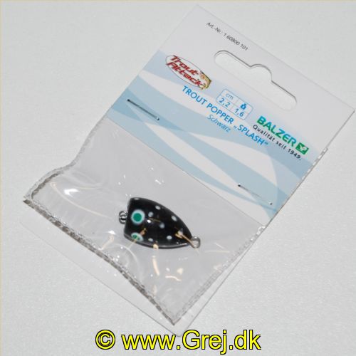 4005652826578 - Popper "Splash” - 22mm. - Vægt:1.6g. - Farve:Sort, UV - 001 6080 101<br>The „Splash“ is perfect for fishing in summer when the fishes are more passive. The Popper is tied to a leader and the hook is baited with natural baits or our Trout Collectors. The popper is twitched over the surface and this creates popping noises and imitates food which is falling in the water and attracts trouts. Can also be used as a pilot float.