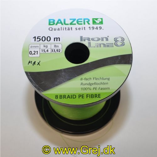 4005652828206M - Iron Line 8 fletline - 0,21mm - Brudstyrke:15.4kg. - Farve:Chartreuse - Vælg antal meter (Min. 100 meter) - 001 2659 021<br>Ironline® 8: our high performance line with 8-fold braiding and a sensational price/performance ratio! Balzer’s Ironline 8 boasts an eightfold braided high-performance line with an excellent load-bearing capacity. The line is impressive thanks to a soft, yet abrasion-resistant surface that enables the line to slide silently through the guides and which facilitates enormous casting distances. Thanks to the fact that it hardly stretches at all, you have direct contact to both bait and fish. In the Ironline 8 series you can find the right line for all types of fishing; what’s more at fantastic prices! 

Features: 8-fold braiding, Round braiding, 100% PE fibre, High loadbearing capacities, Very soft surface, High abrasion resistance, Extremely little stretching, UV protected. 

Iron Line Spin yellow: Thanks to its very clear visibility it is an ideal spin line.