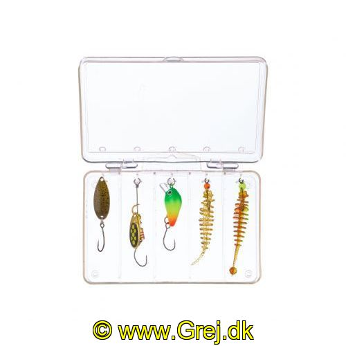 4005652829180 - Trout Attack, sortiment at endegrej - Farve:Mix 1 - 001 6078 100<br>Our trout baits in the practical accessory box with Euro hanger. As with the Trout Collectors, there are also four different mixes to ensure the angler has the most effective colours at hand for every situation on the water. Contents: 1 Catcher Spoon 2g, 1 Trout Crank hardbait 3cm/2g, 1 Colonel Spinner with single hook, 3g, 1 Trout Collector 5cm with garlic flavour, ready mounted on hook (size 8) with 0.45g tungsten head, 1 Trout Collector Pinball 5cm with garlic flavour ready mounted on hook (size 8) with 0.73g tungsten head.