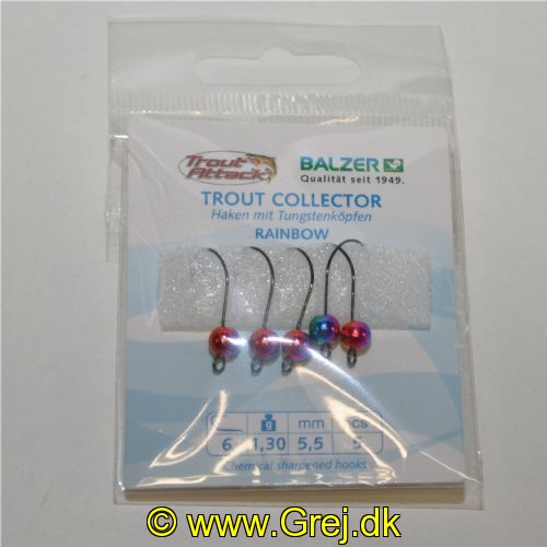 4005652832951 - Trout Collector, krog med tungstenshoved - Vægt:1.3g. - Farve:Rainbow - 001 6062 230<br>Very sharp hooks with extra large eye and wide bend. Due to the extra large diameter of the eye, the hook can move freely even when using a snap. The extra large bend stands out in good distance to the bait and ensures a top rate of hooked fish.