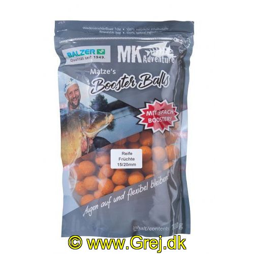 4005652846903 - MK Booster Balls Boilies mix 15/20mm - Vægt:1000g. - Farve:Orange - Smag/duft:Ripe Fruits - 001 8598 010<br>Matze‘s latest idea: He combines 15 and 20mm boilies in a resealable bag! Especially in spring it is extremely dependent on the weather conditions which bait size the carp prefer. If it‘s still relatively cold, the 15mm boilies are usually the right choice, but if it gets warmer, the fish prefer larger baits. By mixing 15 and 20mm you are super flexible. Another big plus is the extra soft consistency of the boilies. On the one hand, they give off more aromas and, on the other hand, suspicious fishes suck them in much more easily than hard boilies. Supplied in resealable stand-up pouches. Boilie size: 15+20 fletline, content: 1000g.