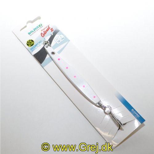 4005652855738 - Colonel Z havørred spoon, UV - 10mm. - Vægt:26g. - Farve:Hvid/pink spots - 001 3371 026<br>Excellent seatrout lures made of zinc-alloy in attractive colours. Needle-sharp treble hooks with double split ring minimises the drop-out rate.