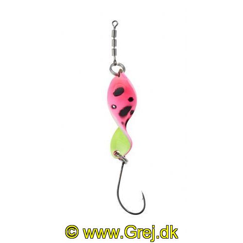 4005652856346 - Pro Staff Series Shooter Spoon - 27mm. - Vægt:2.5g. - Farve:Pink Leopard, UV - 001 6041 003<br>This spoon is a real highlight: its unique propeller shape makes it turn on its own axis at the slightest pull, which drives the trout absolutely crazy. In our numerous tests, the Shooter also lured completely passive fish to bite. As it can be used extremely slowly, it is also a top spoon for winter fishing. The front and back of each spoon have contrasting colours which create a unique play of colours when turned. Each spoon features a micro triple swivel that safely prevents line twist. Can be thrown very far. Available in 2.5g and 3.5g.