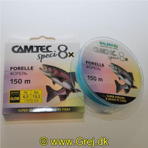 4005652859576 - Camtec Speci 8x fletline - Rullekapacitet:150M. - 0,08mm - Brudstyrke:6kg. - Farve:Blå - Variant:Trout - 001 2075 008<br>Speci 8x: our new line with 8-fold braiding and a sensational price/performance ratio!
Our Speci line is now also available as an 8-fold high-performance line which is in terms of colors and diameter precisely tailored to the respective target fish or fishing method. 
The lines are made of 100% PE fibers! 

Features: 8-fold braiding, Round braiding, 100% PE fibre, High load-bearing capacities, Soft surface, High abrasion resistance, Extremely little stretching, UV protected.
