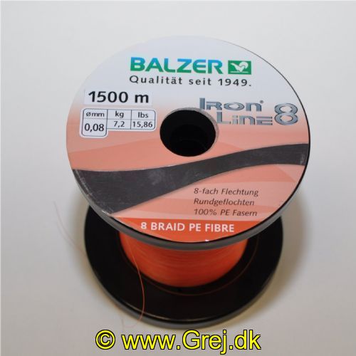 4005652860312M - Iron Line 8 fletline - 0,08mm - Brudstyrke:7.2kg. - Farve:Orange - Vælg antal meter (Min. 100 meter) - 001 2646 008<br>Balzer’s Ironline 8 boasts an eightfold braided high-performance line with an excellent load-bearing capacity. The line is impressive thanks to a soft, yet abrasion-resistant surface that enables the line to slide silently through the guides and which facilitates enormous casting distances. Thanks to the fact that it hardly stretches at all, you have direct contact to both bait and fish. In the Ironline 8 series you can find the right line for all types of fishing; what’s more at fantastic prices! 

Features: 8-fold braiding, round braiding, 100% PE fibre, high load-bearing capacities, very soft surface, high abrasion resistance, extremely little stretching, UV protected. 

Iron Line Spin orange: Excellent for fishing with soft lures thanks to its good visibility.