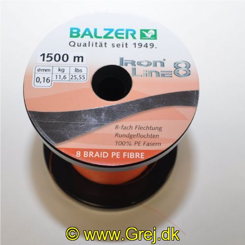 4005652860350M - Iron Line 8 fletline - 0,16mm - Brudstyrke:11.6kg. - Farve:Orange - Vælg antal meter (Min. 100 meter) - 001 2646 016<br>Balzer’s Ironline 8 boasts an eightfold braided high-performance line with an excellent load-bearing capacity. The line is impressive thanks to a soft, yet abrasion-resistant surface that enables the line to slide silently through the guides and which facilitates enormous casting distances. Thanks to the fact that it hardly stretches at all, you have direct contact to both bait and fish. In the Ironline 8 series you can find the right line for all types of fishing; what’s more at fantastic prices! 

Features: 8-fold braiding, round braiding, 100% PE fibre, high load-bearing capacities, very soft surface, high abrasion resistance, extremely little stretching, UV protected. 

Iron Line Spin orange: Excellent for fishing with soft lures thanks to its good visibility.