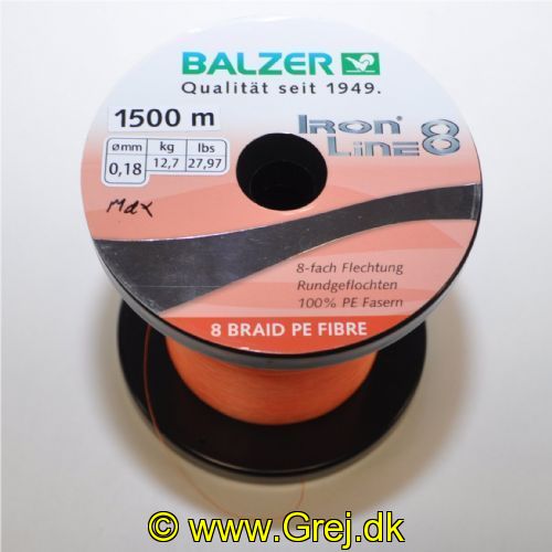 4005652860367M - Iron Line 8 fletline - 0,18mm - Brudstyrke:12.7kg. - Farve:Orange - Vælg antal meter (Min. 100 meter) - 001 2646 018<br>Balzer’s Ironline 8 boasts an eightfold braided high-performance line with an excellent load-bearing capacity. The line is impressive thanks to a soft, yet abrasion-resistant surface that enables the line to slide silently through the guides and which facilitates enormous casting distances. Thanks to the fact that it hardly stretches at all, you have direct contact to both bait and fish. In the Ironline 8 series you can find the right line for all types of fishing; what’s more at fantastic prices! 

Features: 8-fold braiding, round braiding, 100% PE fibre, high load-bearing capacities, very soft surface, high abrasion resistance, extremely little stretching, UV protected. 

Iron Line Spin orange: Excellent for fishing with soft lures thanks to its good visibility.