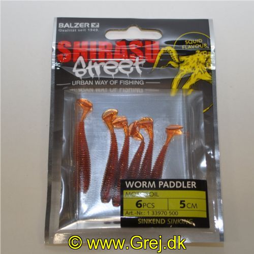 4005652861449 - Shirasu Street Worm Paddler - 50mm. - Vægt:1.5g. - Farve:Motoroil - Baittype:Synkende - Smag/duft:Blæksprutte - 001 3397 500<br>Worm Paddler: Very versatile bait. It can be fished with a jig head as well as with finesse rigs such as Drop Shot or Texas Rig. Plays seductively with even the smallest movements. With squid flavor. Sinking!